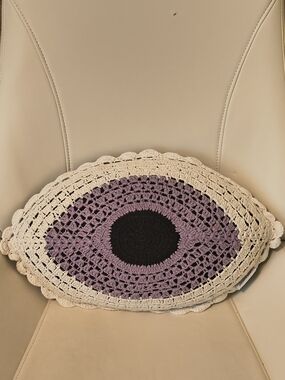 London Kaye Handmade Crochet Eye Accent Pillow in Cream, Lavender & Black
